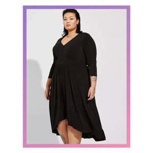 NWT Torrid 4X Deep Black Tea Length Studio Knit Deep V Bodycon Dress Size 26